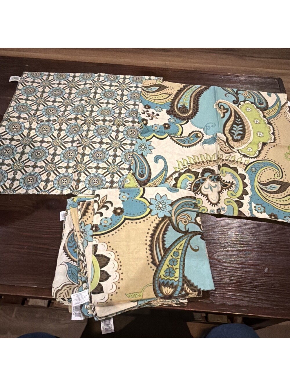 Set of 8 Napkins Green Brown and Teal Color Linen Napkins 17x17